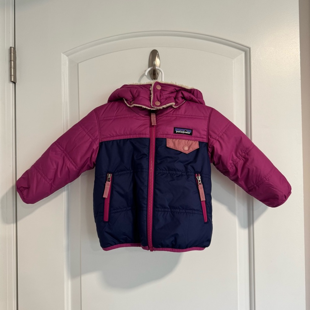 Patagonia Fuchsia & Navy Reversible Hooded Jacket 12-18 Mo.